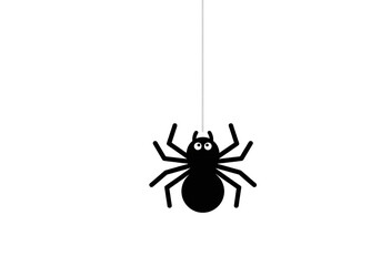 Cute cartoon black spider hanging from a web on a white background