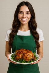 Smiling young woman in green apron holding plate with roasted chicken garnished with fresh greens