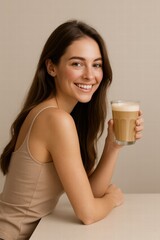 Smiling young woman in top sitting at table holding glass of frothy coffee drink against neutral background