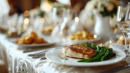 Luxury dinner setting featuring an elegant main course with sides amid soft candlelight ambiance