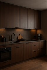 Modern wooden kitchen interior with built in cabinets oven sink and coffee machine under warm lighting
