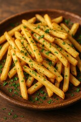 Crispy french fries sprinkled with chopped herbs served on wooden plate close up view of tasty snack