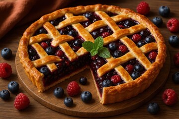 Homemade berry pie with lattice crust filled with blueberries raspberries and blackberries on wooden table close up