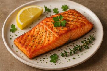 Grilled salmon fillet served with lemon slices and rosemary on white plate close up view of healthy seafood dish