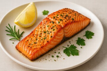 Grilled salmon fillet served with lemon slices and rosemary on white plate close up view of healthy seafood dish