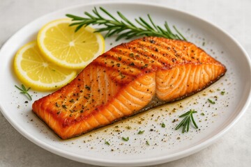 Grilled salmon fillet served with lemon slices and rosemary on white plate close up view of healthy seafood dish