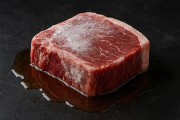 Raw beef steak with marbling placed on dark surface close up view of fresh uncooked red meat cut