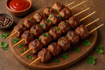 Grilled meat skewers served on wooden plate with fresh parsley and spicy tomato sauce close up view