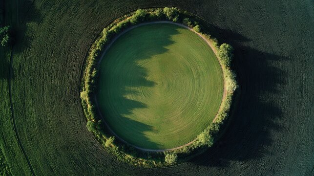 aerial view green field circle trees
