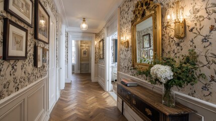 Elegant Vintage Hallway with Floral Wallpaper and Intricate Patterned Design, Showcasing Heritage and Timeless Inspiration