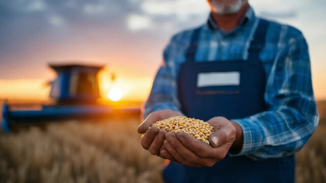 A farmer showcases golden wheat kernels at sunset, with a combine harvester silhouette in the background, highlighting the essence of agricultural labor.