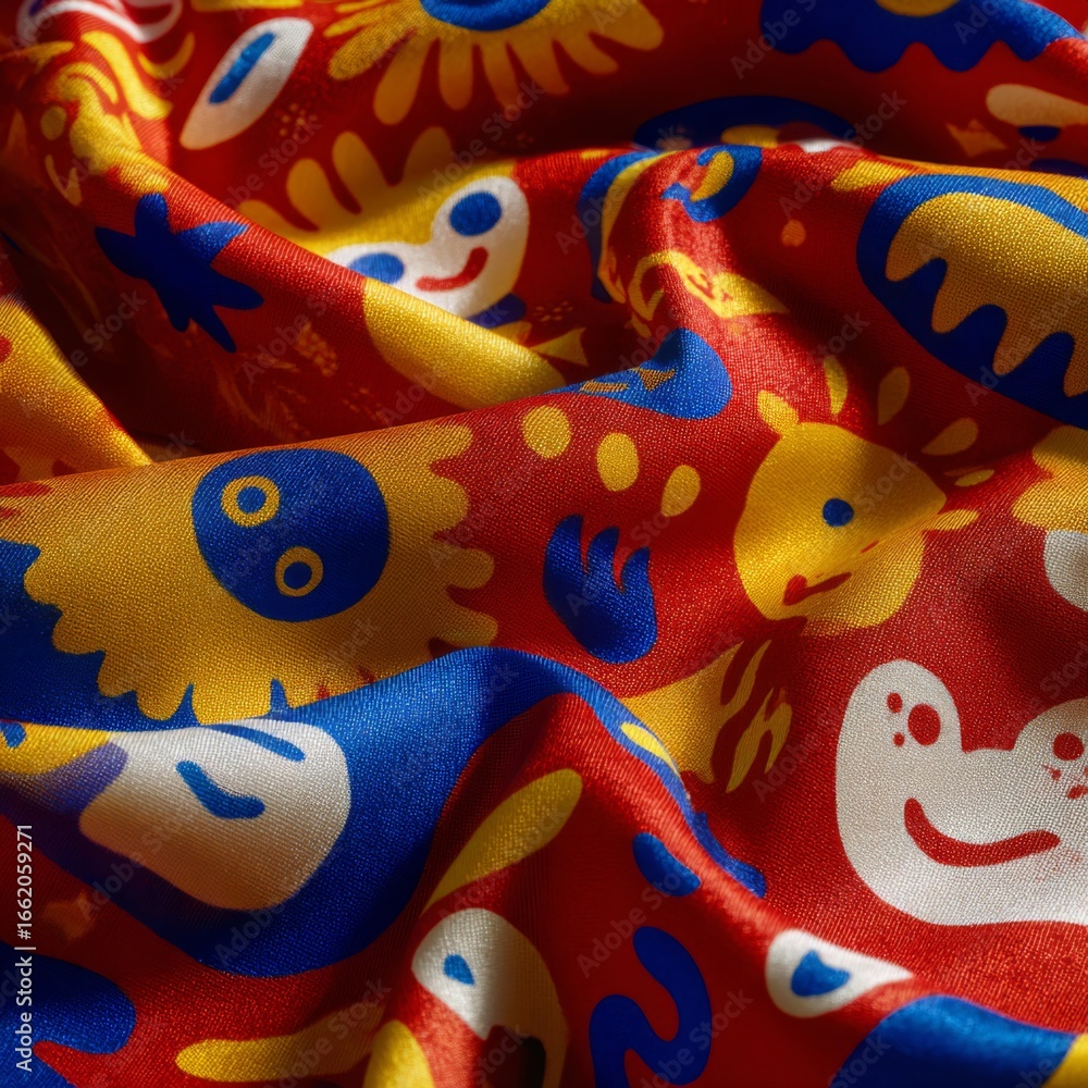 Poster playful retro textile print with cartoon motifs featuring bright colors and fun patterns on a soft f