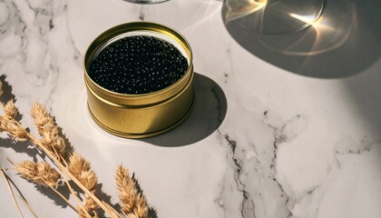 Opulent Caviar Spread: A high-angle shot captures a tin of luxurious black caviar, exuding sophistication and elegance. the arrangement suggests indulgence.
