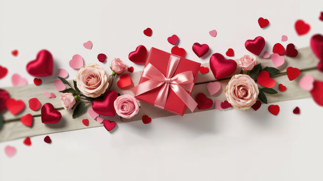 A Valentine's day banner, roses surrounded by hearts and a background with space to copy.