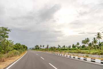 Fototapeta premium A road with palm trees in the background