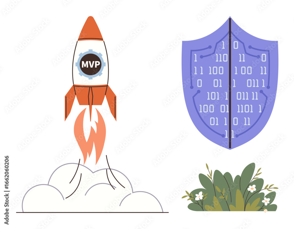 Poster rocket with mvp logo launching next to shield with binary code, symbolizing innovation and security.