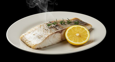 Enjoy a delicious, fresh baked fish fillet with a bright lemon slice on a white plate perfect for healthy lifestyle content