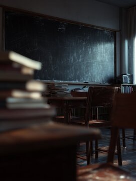 Dimly lit vintage classroom featuring an old chalkboard, wooden desks, and a stack of books, evoking nostalgia.