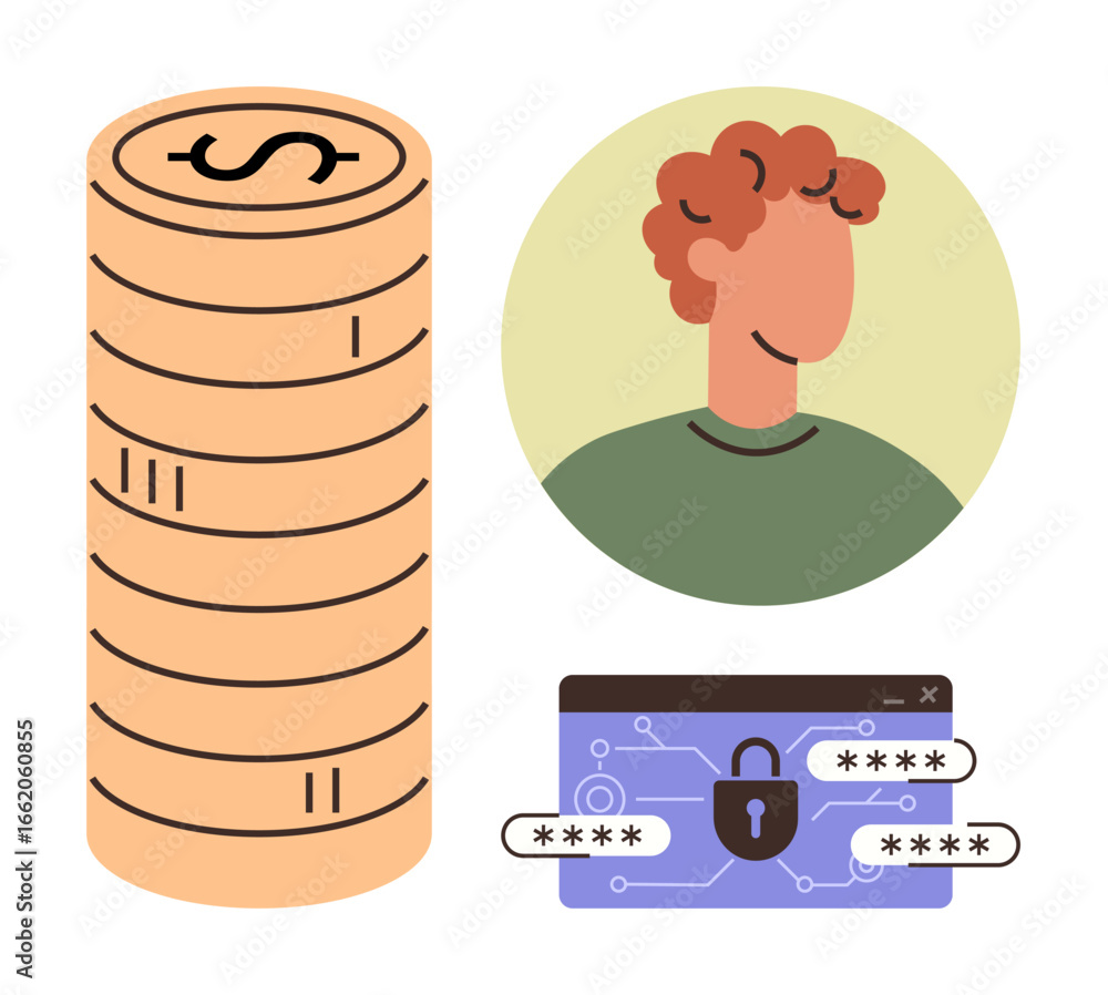 Aufkleber stack of coins symbolizes wealth user avatar represents identity password-protected login highlights