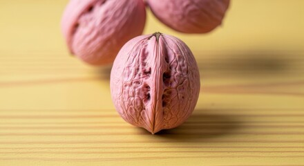 Close-up of pink walnuts on wooden surface showcasing texture and color