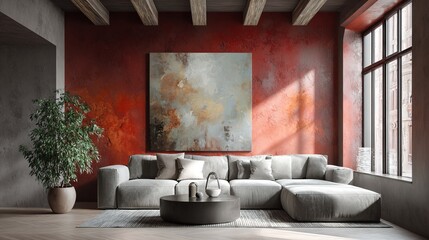Modern Living Room with Rust Textured Wall and Stylish Furniture in Natural Light