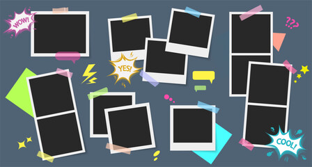 Photo frames vector set. Colorful scotch tape strips. Photos with scotch strips. Frames collection.