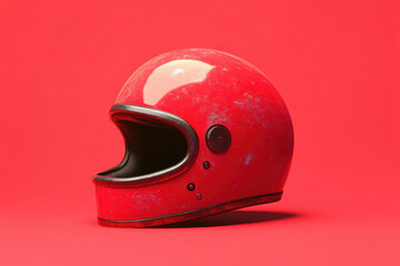 Fototapeta premium Studio shot of a worn black motorcycle helmet on a red backdrop, emphasizing safety and style