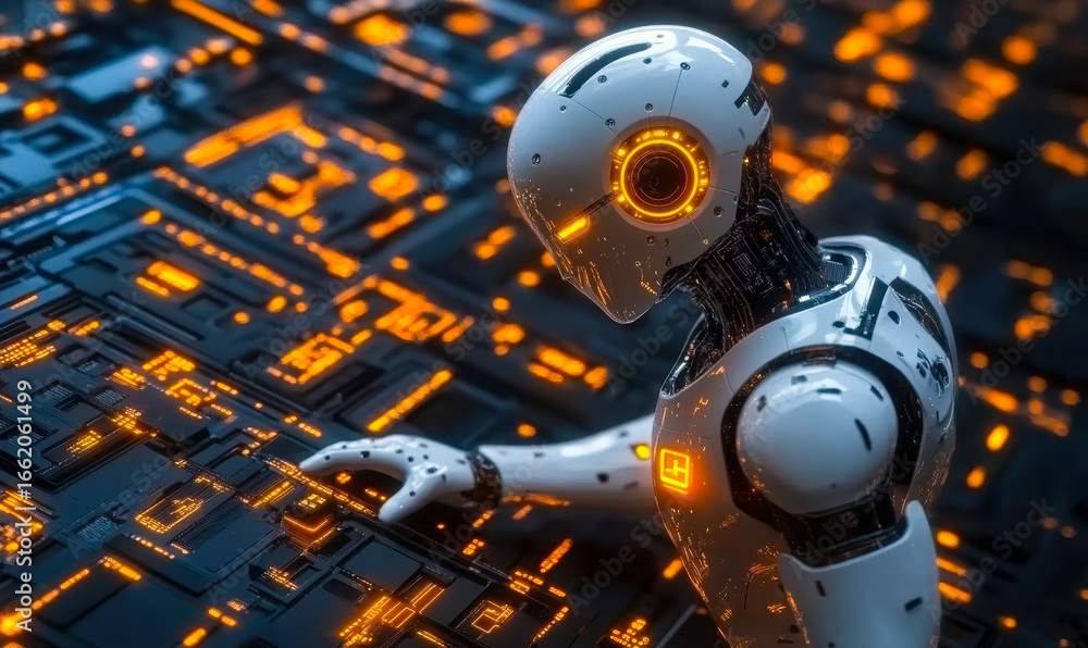 Poster futuristic white humanoid robot analyzing digital circuit board with glowing orange electronic data 