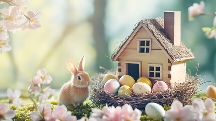 Adorable easter bunny with decorated eggs nestled near a charming wooden house photo
