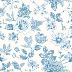 Abstract modern floral seamless pattern with hand drawn flower in Toile de jouy style. Retro elegance repeat print. Vintage design for fabric, wallpaper or wrapping