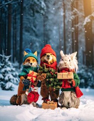 Fox, Dog, Rabbit in Snowy Forest, Holiday Scene, Cheerful Atmosphere, Whimsical View