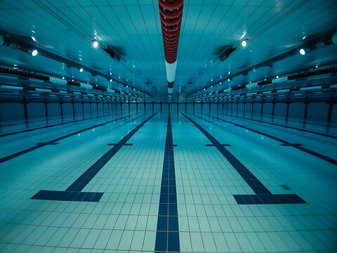 Indoor Swimming Pool with Lanes Dividers and Bright Overhead Lighting Ideal for Training and Competition
