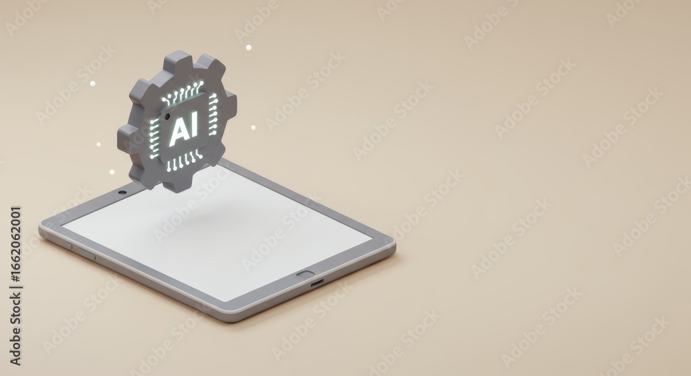 Poster artificial intelligence driven tablet, futuristic technology with smart features and streamlined