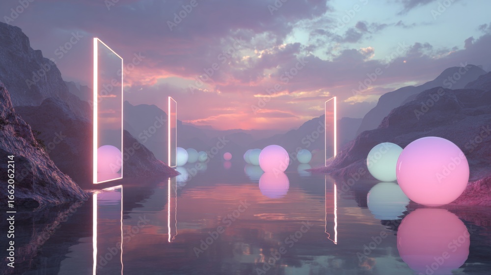 Poster surreal ai landscape with floating glowing orbs and reflective surfaces at dusk