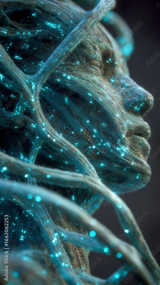 Poster surreal biotech fusion of human dna strands morphing into an ethereal entity surrounded by glowing p