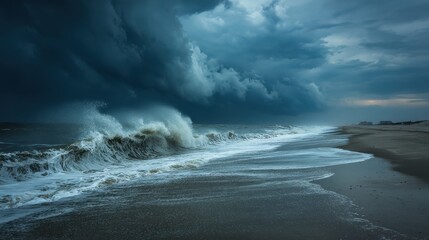 Stormy beach waves crashing near shore against dark sky for environmental awareness