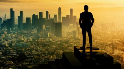 man Standing on Top to Look at the City Skyline for career concept.