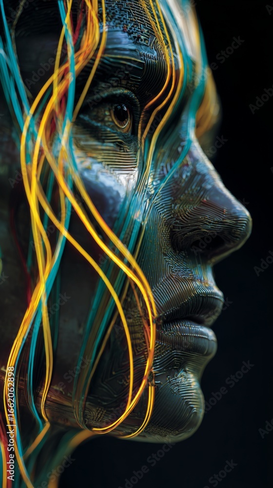 Poster surreal cybernetic portrait of a human face intertwined with colorful digital patterns and textures