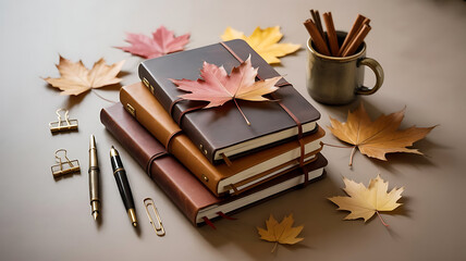 Cozy Autumn Workspace Flat Lay with Leather Journals and Fall Decor.