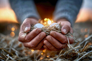 Hands cradling fresh eggs amidst golden hay at sunset in a tranquil farm setting