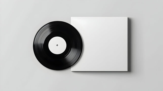 Realistic black vinyl record partially sliding out from white cover for music lovers and collectors