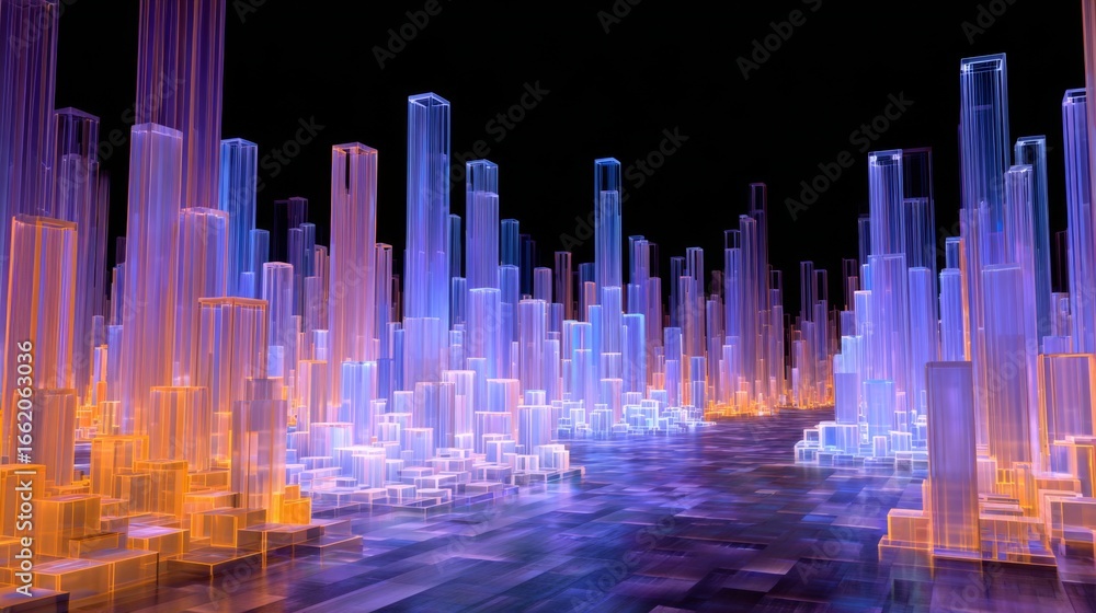 Poster surreal cityscape with towering translucent structures and data-inspired elements