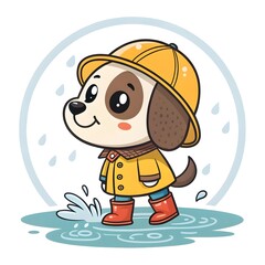 Fototapeta premium Adorable Chibi Pup Splashing In A Puddle While Wearing Rain Boots, Cute Kawaii Dog Cartoon Illustration Perfect For Playful Kids Art, Nursery Decor, Stickers, And Whimsical Designs