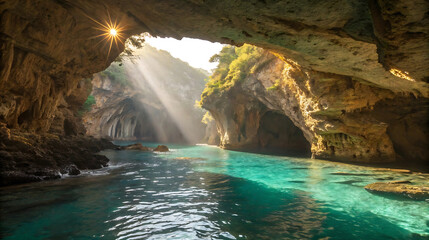 Sunlight streams into a turquoise sea cave, creating a stunning scene