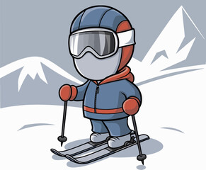 Cute Cartoon Skier with Mountains Vector Illustration