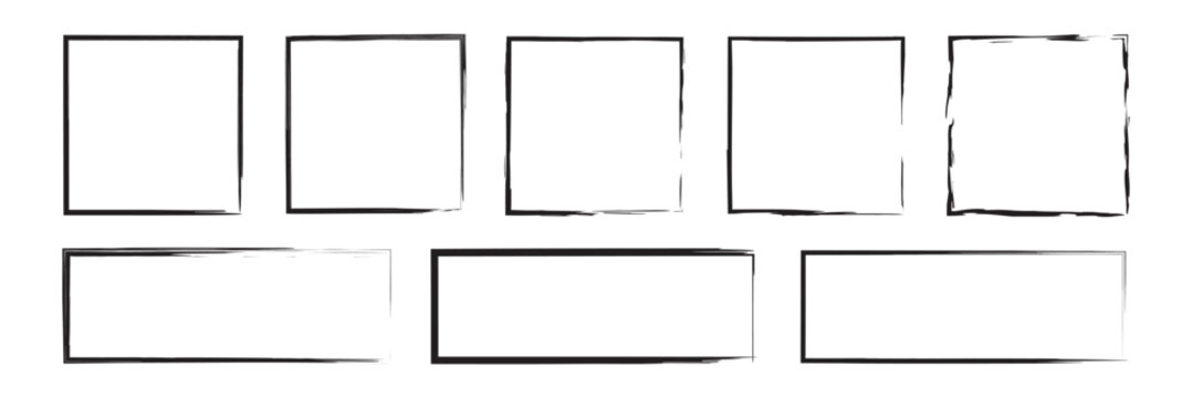 Set of grunge square and rectangle frames. Black ink empty boxes and rectangle borders collection. Vector illustration isolated on a white background.