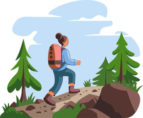 Woman Hiking Uphill with a Backpack Vector Illustration