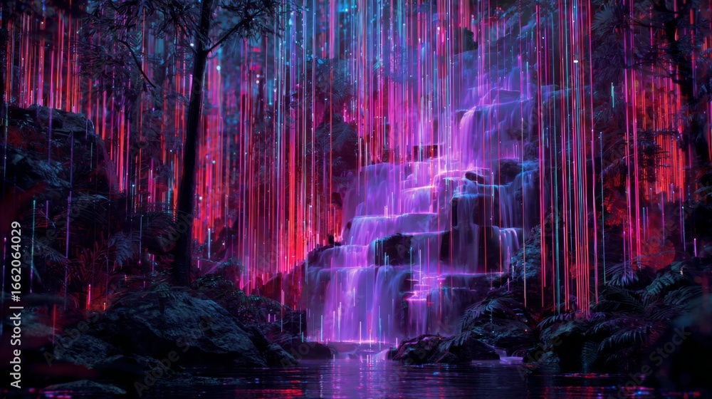Poster Surreal Neon Waterfall with Glowing Digital Streams in a Mystical Forest Setting