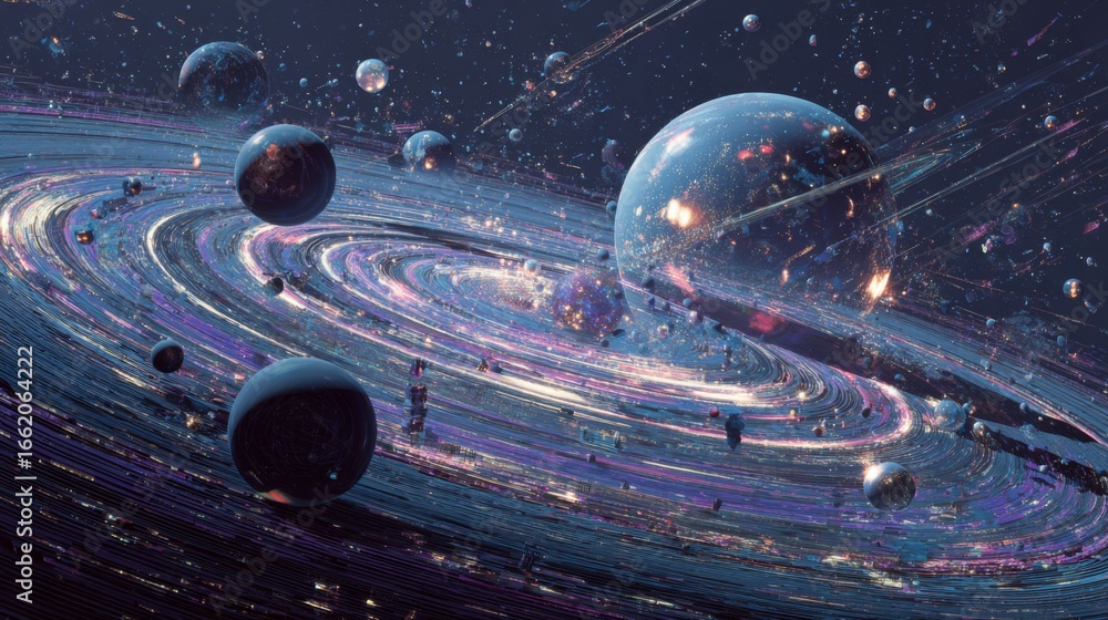 Poster surreal space artwork featuring floating technology and celestial bodies in a vivid cosmic setting