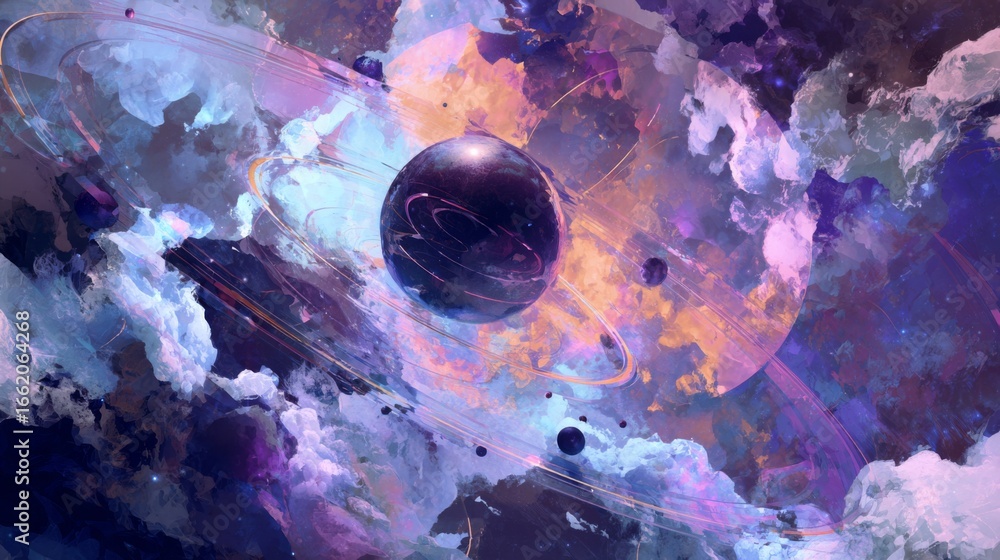 Poster surreal artwork depicting a floating planet in a colorful cosmic space with ethereal clouds and tech